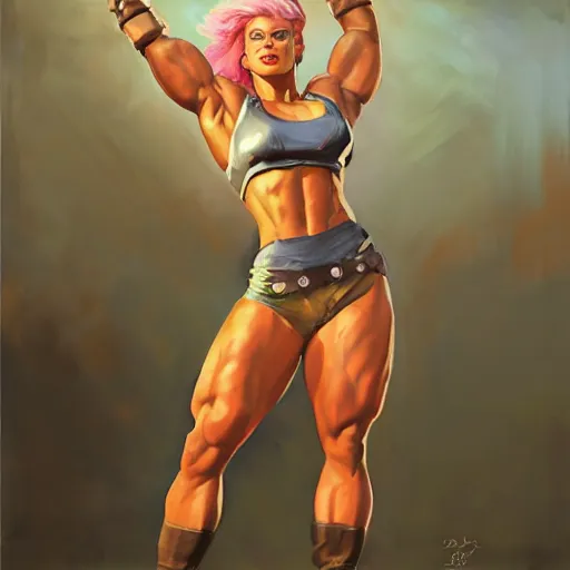 Prompt: greg manchess portrait of margot robbie as thick female bodybuilder zarya from overwatch in disco elysium, 1 3, epic grimdark, fantasy, medium shot, asymmetrical, profile picture, organic painting, sunny day, matte painting, bold shapes, hard edges, street art, trending on artstation, by huang guangjian and gil elvgren and sachin teng