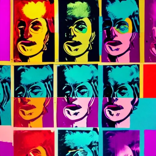 Image similar to silkscreen and lithography to create colorful cyborgs in the style of andy warhol