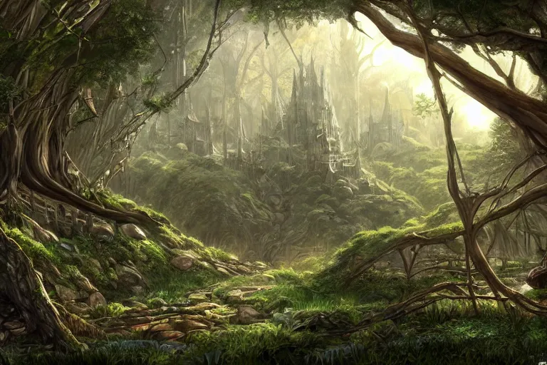 Prompt: mystical elven city in a forest glade, highly detailed, d & d, fantasy, highly detailed, digital painting, trending on artstation, concept art, sharp focus, illustration