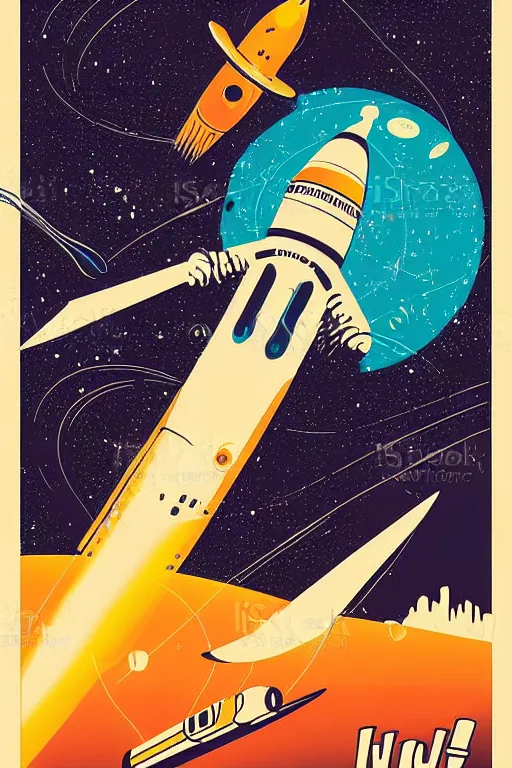 Image similar to vintage poster, space travel, illustration, vector art, retro