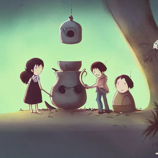 Prompt: small creatures having tea party in a humans beard. in a style of hayao miyazaki.