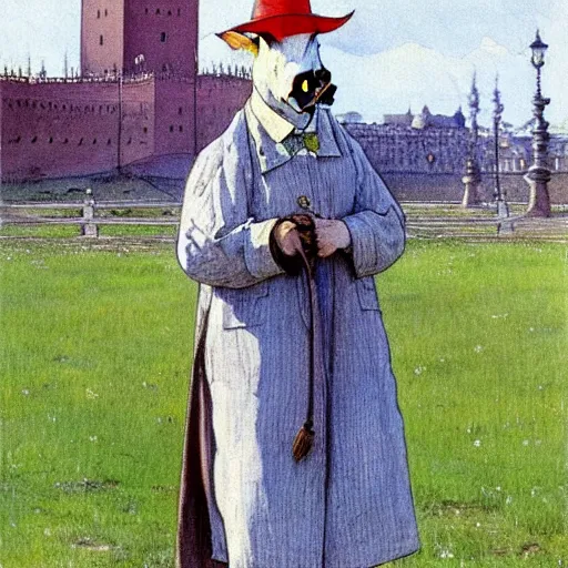 Prompt: painting by carl larsson, cow, dressed, anthropomorphic!!, wearing!!! clothes!!!, standing next to royal castle!!!