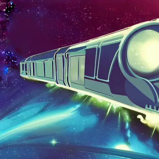 Image similar to a retro sci fi wallpaper of a train flying through space, train centered in the picture, space and stars only