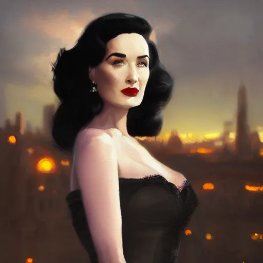 Image similar to closeup portrait of dita von teese, dramatic lighting, city background, sunset, chiaroscuro, complementary contrast high detail, painted by greg rutkowski, painted by igor kieryluk, painted by bobby chiu, trending on artstation