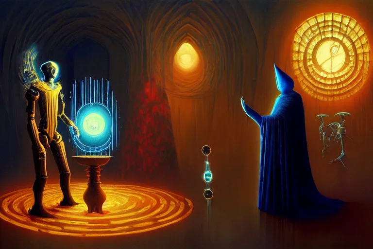 Image similar to a beautiful masterpiece painting of a cybernetic wizard discussing sentience with his AI by Remedios Varo and Anato Finnstark and Greg Rutkowski