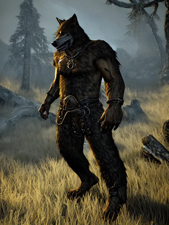 Prompt: cute handsome cuddly burly surly relaxed calm timid werewolf from van helsing unreal engine hyperreallistic render 8k character concept art masterpiece screenshot from the video game the Elder Scrolls V: Skyrim