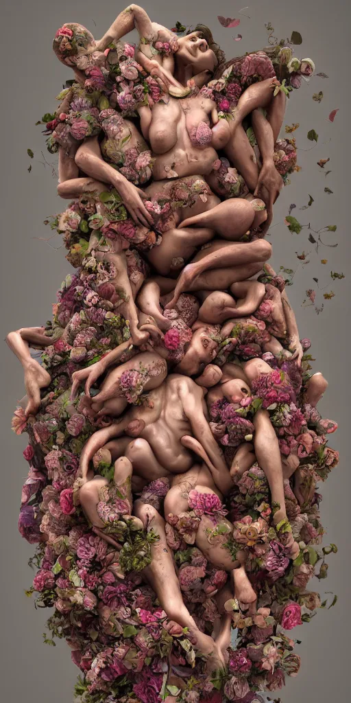 Image similar to a sculpture of human bodies intertwined, a lovely cornucopia of flowers and human body parts, body parts, highly detailed, octane render, cinematic