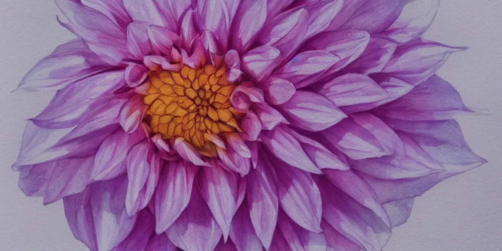 Image similar to a dahlia blossom, watercolor, artstation, realistic, moody