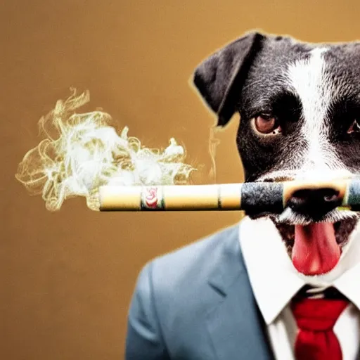 Image similar to a high detail closeup photograph of a dog wearing a suit 👔,and smoking a cigarrette🚬, award wining photograph