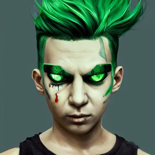 Prompt: a portrait of a boy with green hair and two devil horns and an eye patch, cyberpunk style, digital painting, concept art, smooth, sharp focus, hyperrealistic, illustration, artstation trending, octane render, unreal engine, ambient light, dynamic lighting, magical, dark vibes, Cyberpunk 2077