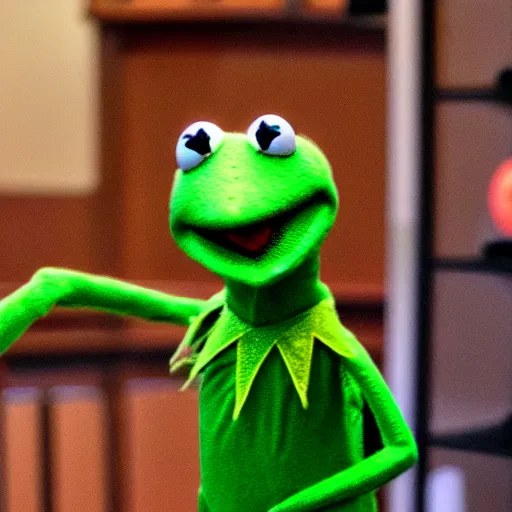 Image similar to Grainy 35mm photograph of surprised kermit the frog wearing VR, detailed