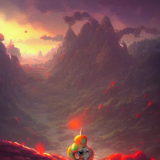 Image similar to Yoshi made of earth and molten metal with heavy knight armor in the style of anime by Peter Mohrbacher, Matte painting of mushroom kingdom landscape in background, colorful, cinematic, anime trending on artstation, HD, 4k,