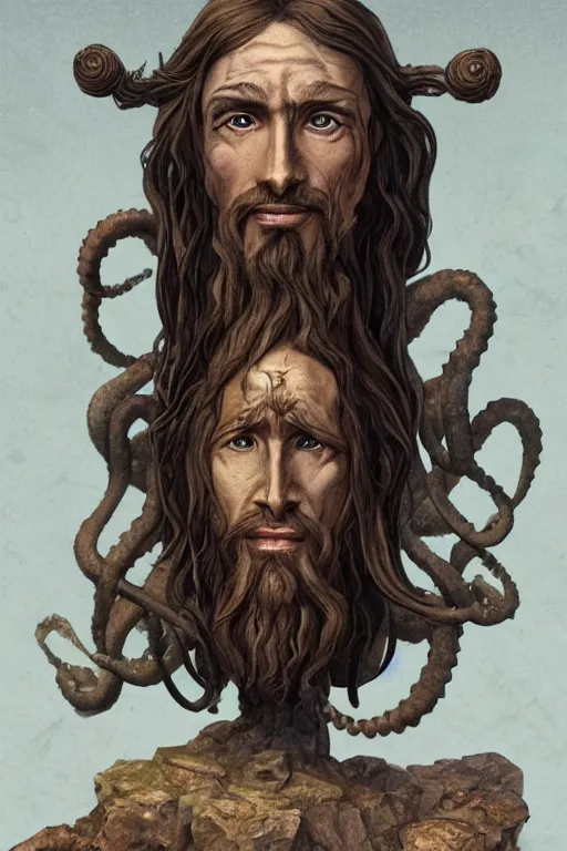 Image similar to A Cthulu-Jesus crossbreed, illustrated by Antoine Verney-Carron and J. Lesaffre, trending on artstation, 4k, 8k, artstation 3d render, artstation 3d, artstation graphics, artstation lighting