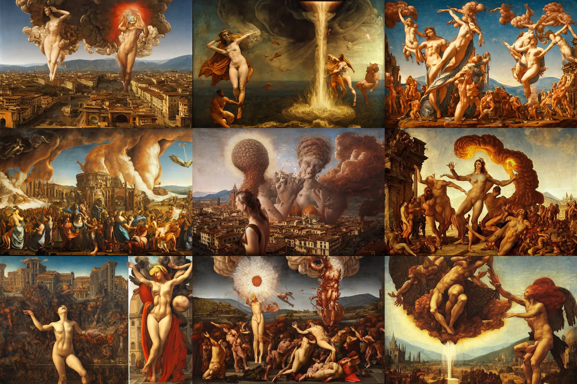 Prompt: an epic destructive nuclear explosion at renaissance florence italy during daylight in the style of michaelangelo, dino valls, peter mohrbacher, james jean, horror element, nightmare, beautiful, nuclear mushroom smoke