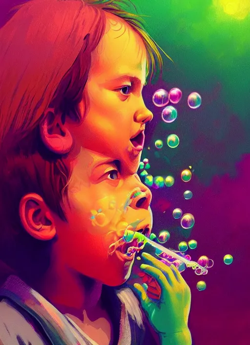 Prompt: A psychedelic portrait of an annoying kid blowing snot bubbles, vibrant color scheme, highly detailed, in the style of romanticism, cinematic, artstation, Moebius, Greg rutkowski