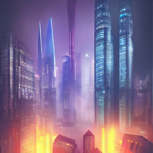 Image similar to cyberpunk shanghai lujiazui in the night seen from below, cityscape, mist, rain, artstation, greg rutkowski, hq