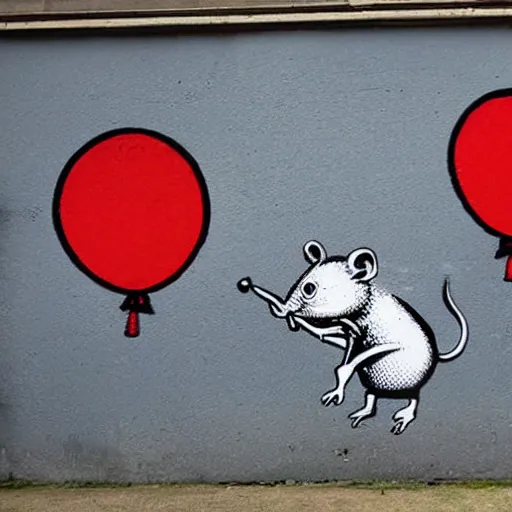 Image similar to A rat riding a tank shooting balloons, in the style of Banksy