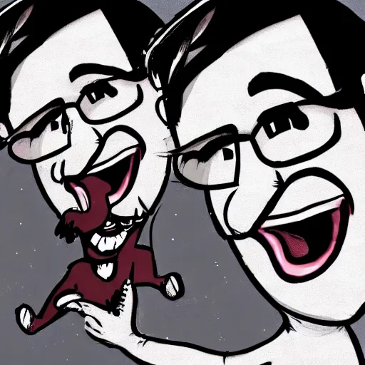 Image similar to a caricature of Markiplier laughing happily as he pets his dog, caricature art style.