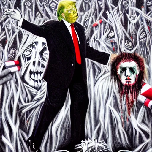 Prompt: hyperrealistic!! Donald Trump corpse painting black metal live at X-Factor, High resolution, 8K