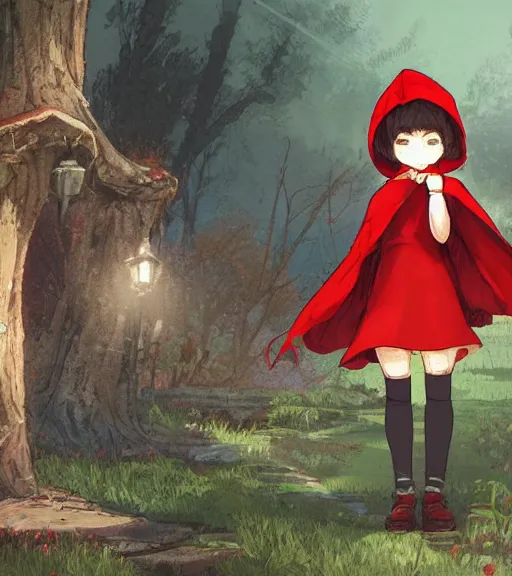 Prompt: attractive little boy character inspired in little red riding hood, digital artwork made by akihiko yoshida and makoto shinkai