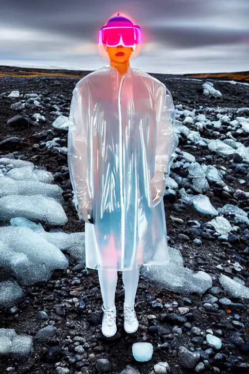 Image similar to an ultra high definition professional high fashion portrait studio full length photograph of a model wearing a transparent pearlescent raincoat and neon visor in an icelandic black rock environment at dawn. no artefacts. extremely detailed. stark. refraction. shallow depth of field. volumetric light and shadow. ray tracing. light rays.