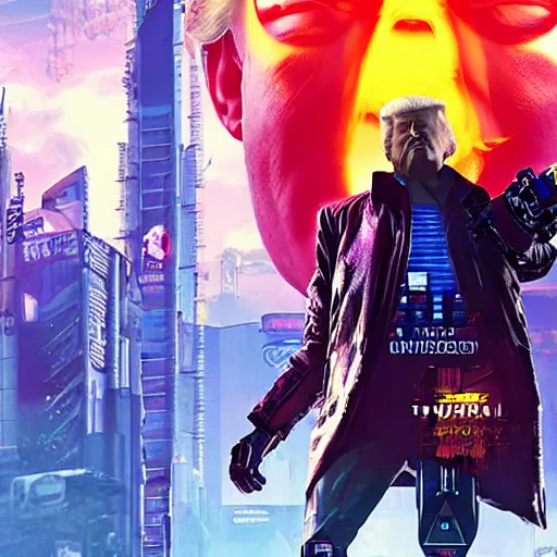 Prompt: donald trump as an evil cyborg in cyberpunk 2 0 7 7 and is the head of an evil corporation, technological, movie footage, high - tech, still frame