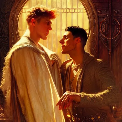 Image similar to attractive arthur pendragon with attractive male merlin the mage. they are in love. highly detailed painting by gaston bussiere, craig mullins, j. c. leyendecker