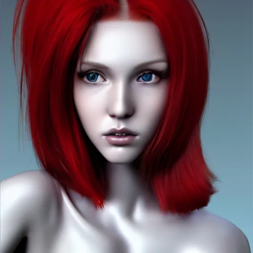 Image similar to gorgeous redhead gynoid posing, photorealistic, highly detailed,