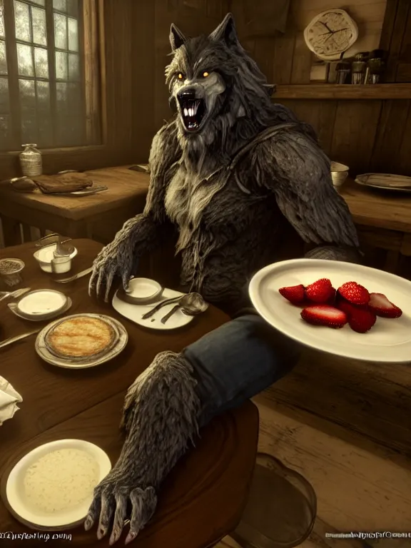 Image similar to cute handsome cuddly burly surly relaxed calm timid werewolf from van helsing sitting down at the breakfast table in the kitchen of a normal country home cooking having fun baking strawberry tart cakes unreal engine hyperreallistic render 8k character concept art masterpiece screenshot from the video game the Elder Scrolls V: Skyrim