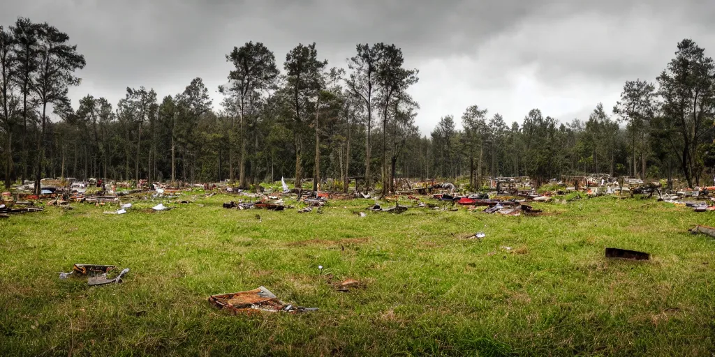 Prompt: a grassy field filled with piles of old and moldy furniture, overcast sky, forest in background, photorealistic, 4k, photo, detailed