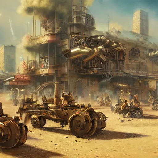 Image similar to oil painting of many hamsters, berets, guns, rocket launchers, close shot, medium shot, steampunk clothes, steampunk city background, sharp focus, fantasy style, octane render, volumetric lighting, 8k high definition, by greg rutkowski, highly detailed, trending on art Station, explosions, centered