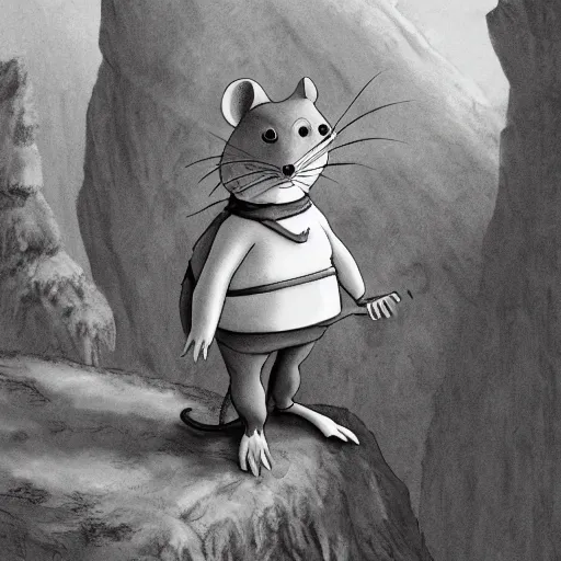 Image similar to an anthropomorphic rat dressed as an explorer, medieval clothing, renaissance, studio Ghibli, open landscape, plants, black and white matte painting