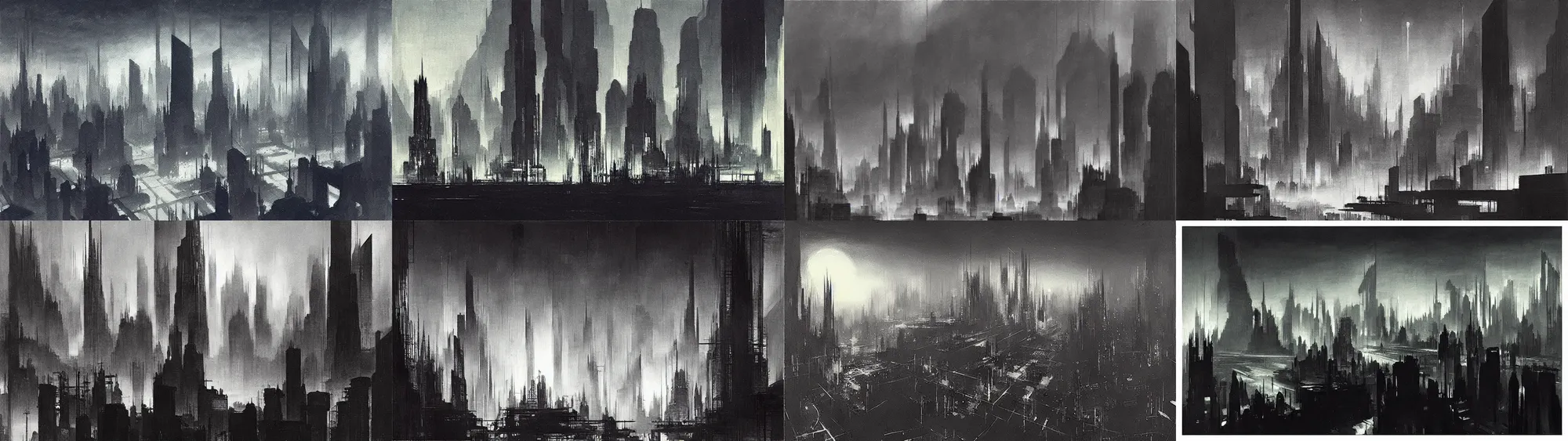Prompt: “future noir atmospheric landscape cityscape Hugh Ferriss painting of a megacity on another planet”