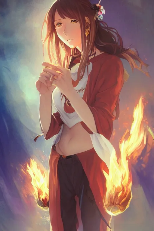 Prompt: anime key visual of a pretty sorcerer girl, wearing sweatpants and a crop top, practicing fire spells in her bedroom, intricate, lofi feel, magical, highly detailed, digital painting, artstation, smooth, hard focus, illustration, art by artgerm and greg rutkowski and alphonse mucha