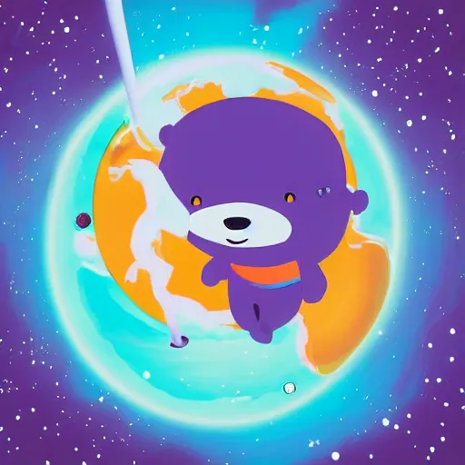 Image similar to cartoon animated illustration of a bear mascot being launched from a futuristic marble planet, purple and orange cloudland