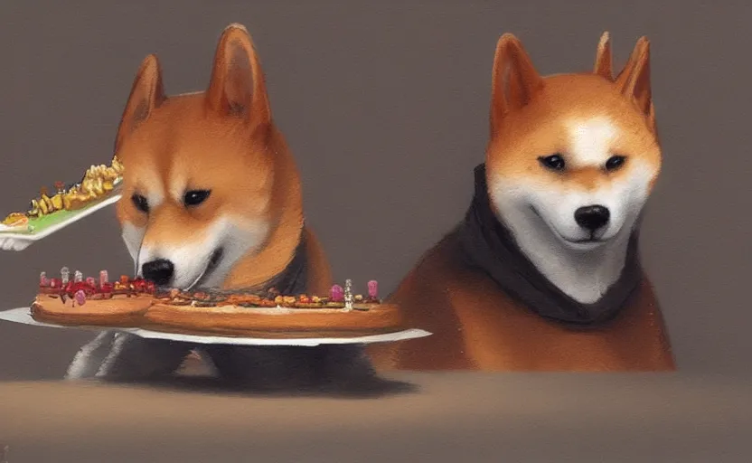 Image similar to a painting of a shiba inu eating a birthday cake trending on artstation in the style of greg rutkowski