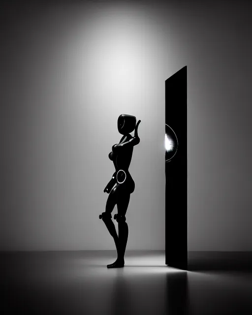 Image similar to black and white high quality photo of a beautiful female AI vegetal-cyborg looking into a sci-fi mirror, volumetric lighting, liminal space, brutalism, foggy, dreamy, hyperdetailed, bokeh, photorealistic, cinematic, masterpiece, elegant, dark, by Man Ray in the style of Horst P. Horst, octane render, 8K,