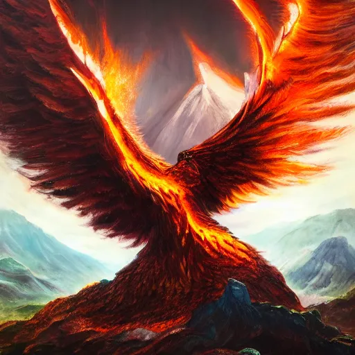Image similar to giant fire eagle coming out of a vulcano, beautiful light, mountains, nature, fantasy book, d & d, high detail, 8 k, oil painting, dark fantasy