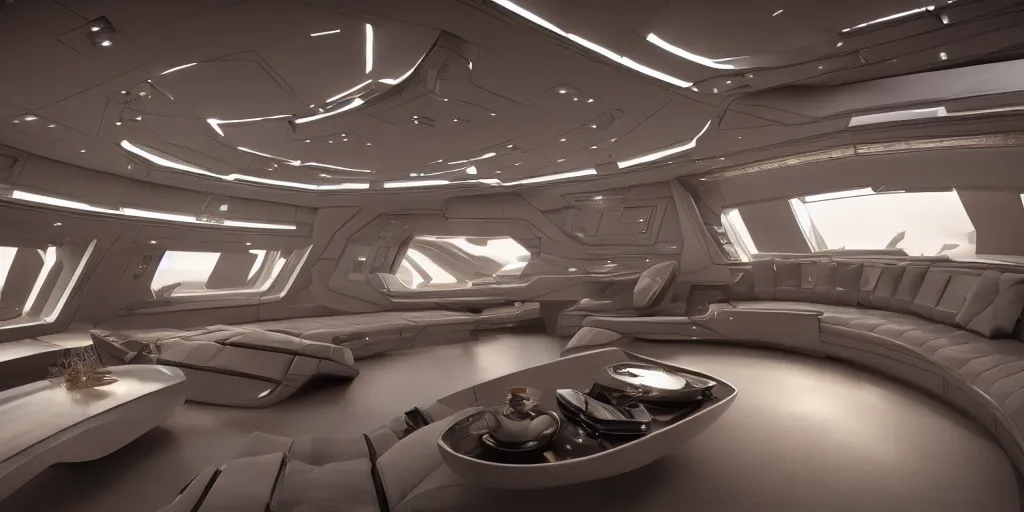Prompt: magnificent interior of a luxurious spaceship, octane render, cinematic, ultradetail, 8k, star wars