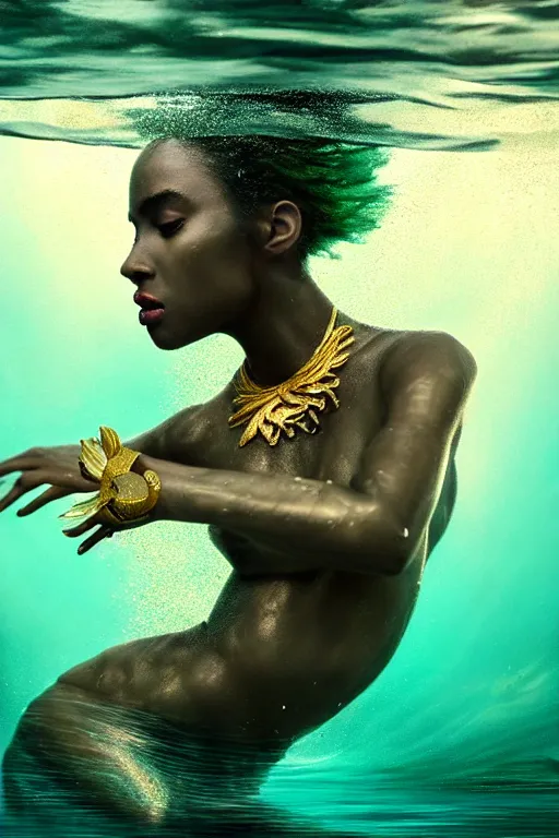 Image similar to hyperrealistic cinematic half underwater scene with fish and algae, very expressive! translucent elegant african goddess getting out of water, gold jewerly, highly detailed face, digital art masterpiece, aykut aydogdu zener, dramatic volumetric light, long shot, low angle uhd 8 k, sharp focus