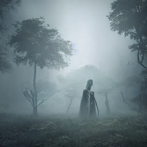 Image similar to spectres in the enchanted forest covered by foggy clouds of mist, twilight, dreamy sequence, macabre spectacle, skeletal figures, curious, lone traveller, octane, unreal 5, cinematic, vfx, uhd, intricate detail, hyperrealist, sharp, photoshop, polished, edited