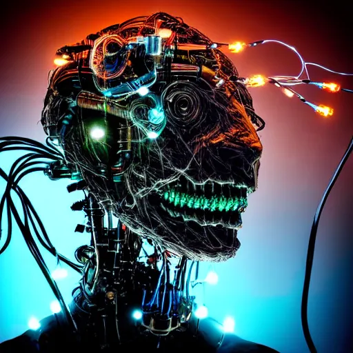 Prompt: Technological Mechanical Monstrosity Monster Cyborg head with circuits and wires and Fiber Optic Lights Scary Horror Sci-fi HDR