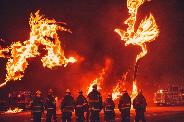 Prompt: a phoenix trying to burst into flames with firemen standing by