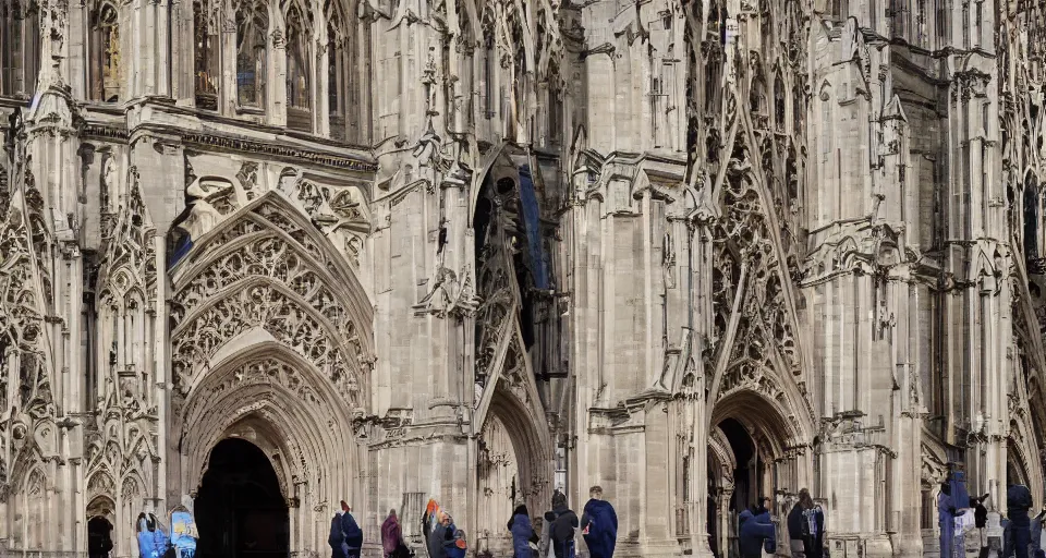 Prompt: people in the exterior of a highly detailed cathedral with portrait faces on placards