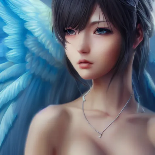 Image similar to an oil painting of a beautiful anime girl with angel wings, by artgerm, hd, hdr, ue 5, ue 6, unreal engine 5, cinematic 4 k wallpaper, 8 k, ultra detailed, high resolution, artstation, award winning