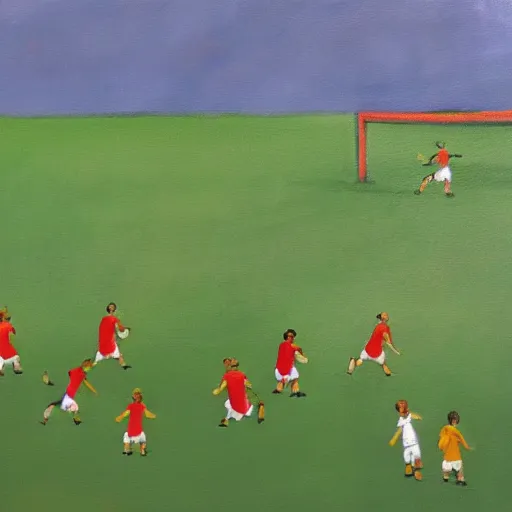 Image similar to painting of soccer game played by cows