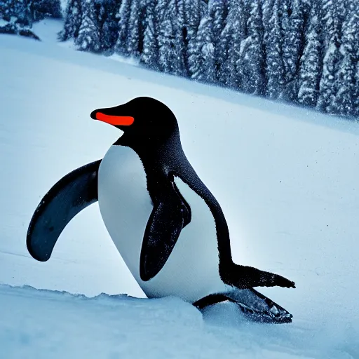 Prompt: ultrawide angle photograph of a snowboarding penguin, extremely detailed. the snowboard he is riding is red and has a tribal print, 8 k