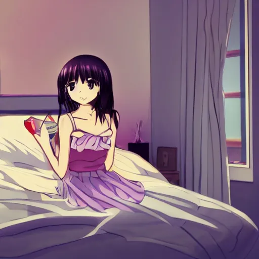 Image similar to cute art of beautiful anime girl watching tv inside a bedroom