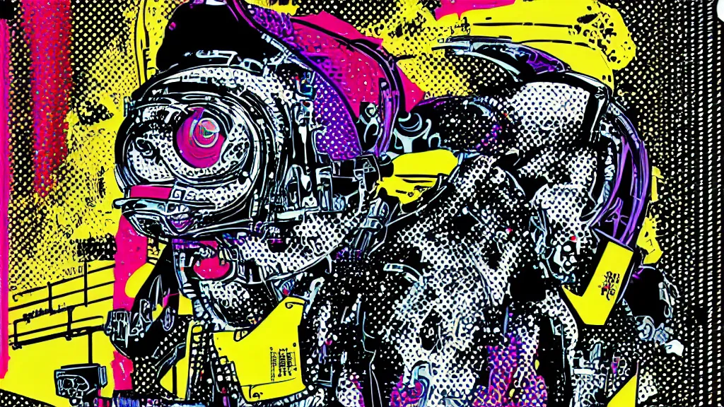 Prompt: dog futuristic japanese backlight cyberpunk by roy lichtenstein, by andy warhol, ben - day dots, pop art, bladerunner, pixiv contest winner, cyberpunk style, cyberpunk color scheme, mechanical, high resolution, hd, intricate detail, fine detail, 4 k