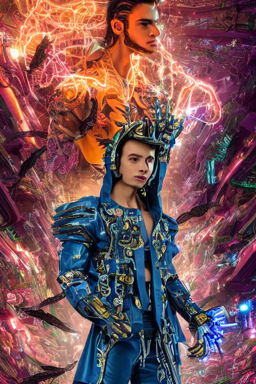 Image similar to full-body cyberpunk style sculpture of a young handsome Colombian prince half android with a chest opening exposing circuitry and electric sparks, glowing pink eyes, crown of blue flowers, flowing salmon-colored silk, fabric, raptors. baroque elements. full-length view. baroque element. intricate artwork by caravaggio. many many birds birds on background. Trending on artstation, octane render, cinematic lighting from the right, hyper realism, octane render, 8k, depth of field, 3D